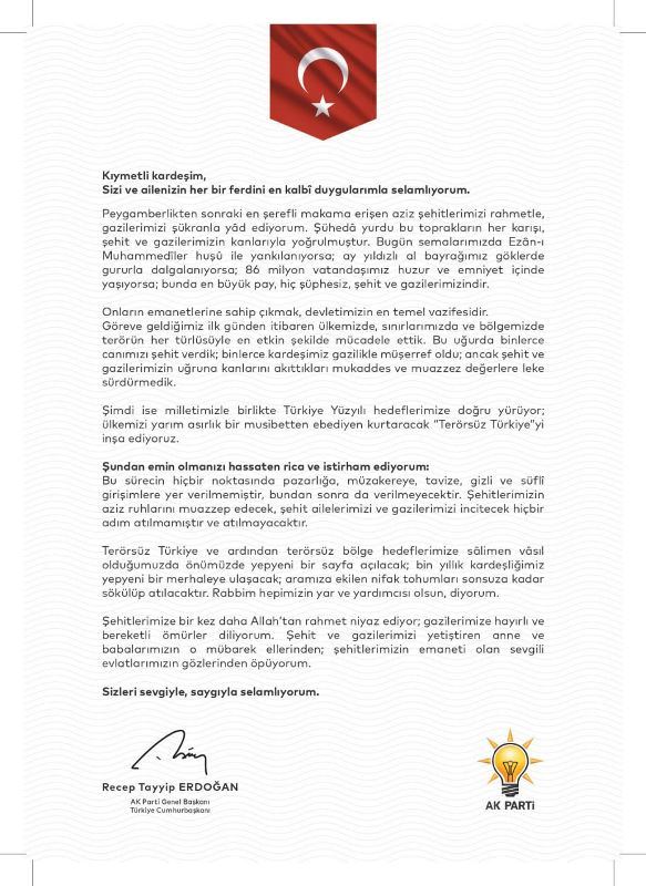 Cumhurbaşkanı Erdoğan’dan Şehit ve Gazi Ailelerine Mektup!