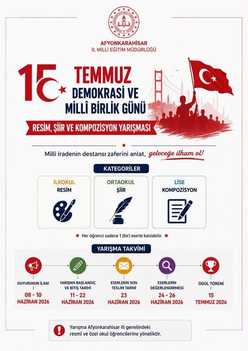 Afyonkarahisar’da 15 Temmuz Anısına Resim, Şiir ve Kompozisyon Yarışması Düzenleniyor