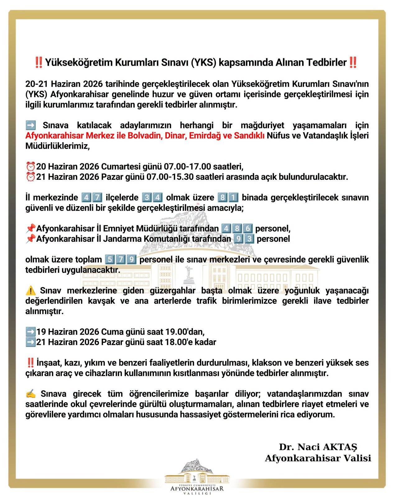Afyonkarahisar’da YKS İçin Güvenlik ve Sessizlik Önlemleri: Valilik Tüm Tedbirleri Açıkladı