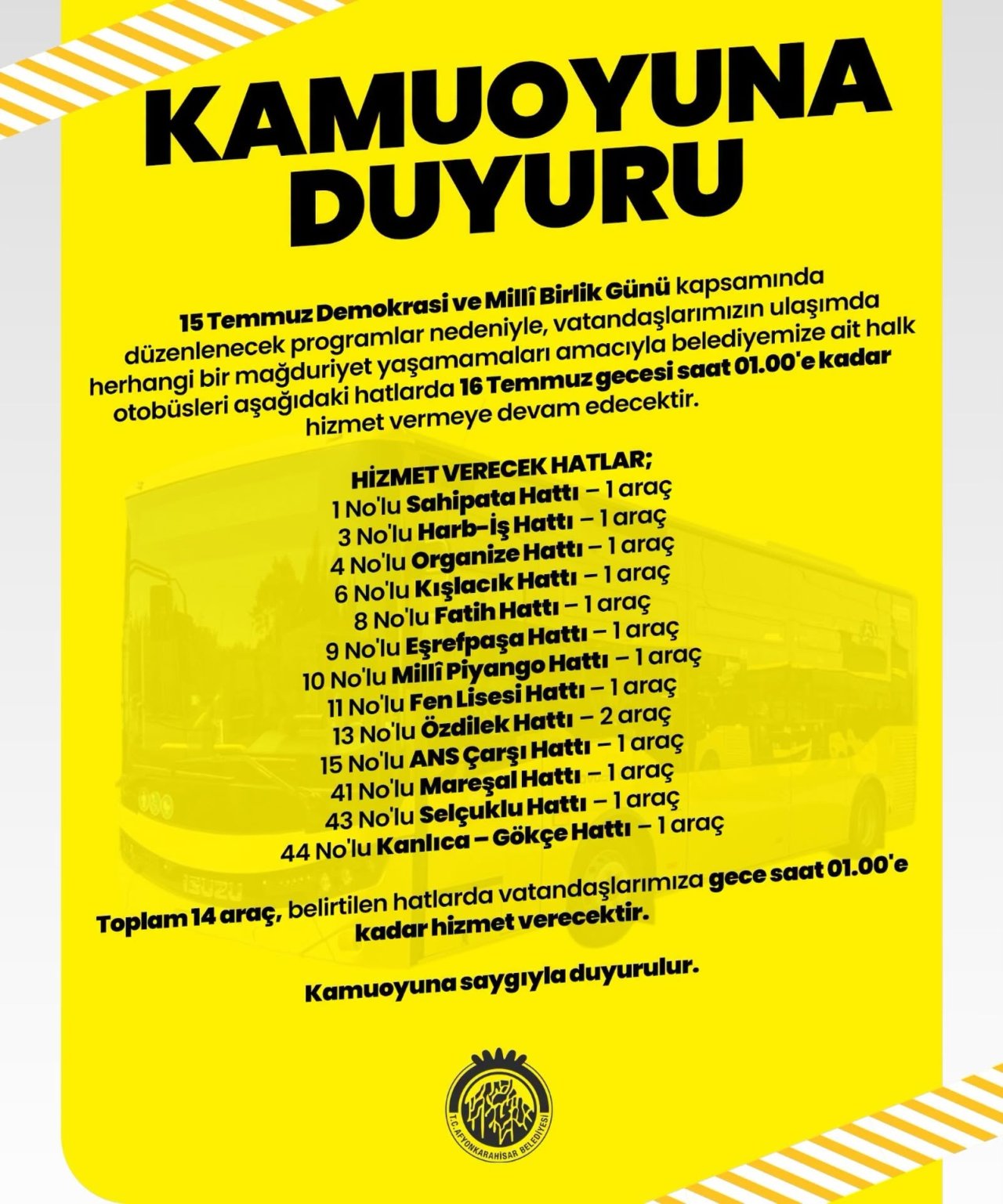 Afyonkarahisar Belediyesi’nden Gece Ulaşım Desteği: Halk Otobüsleri 01.00’e Kadar Sefer Yapacak