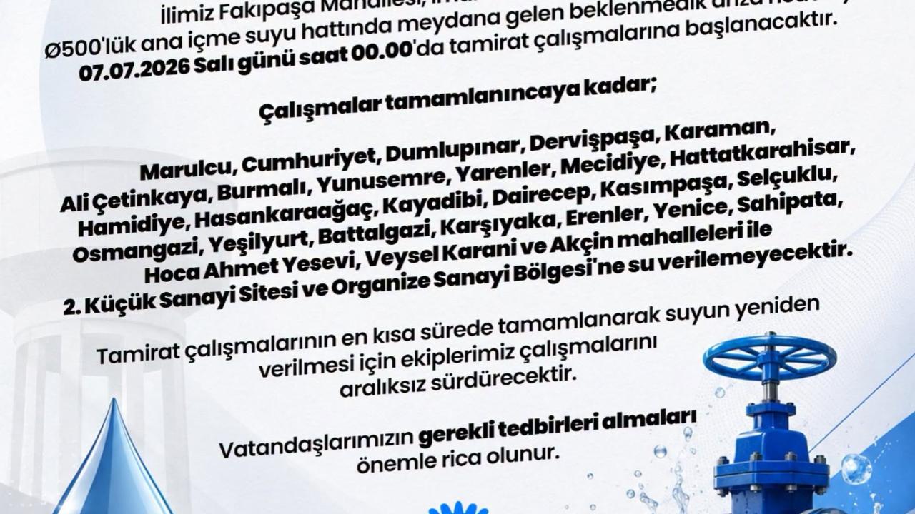 Afyonkarahisar Belediyesi'nden Su Kesintisi Duyurusu Birçok Mahallede Sular Kesilecek!